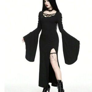 Romwe Gothic Maxi Dress w/ Pentagram Neckline Cut-out Bell Sleeves Leg Slit Goth